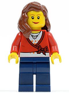 LEGO Minifigure-Sweater Cropped with Bow, Heart Necklace, Dark Blue Legs, Reddish Brown Female Hair over Shoulder-Town / City-CTY143-Creative Brick Builders